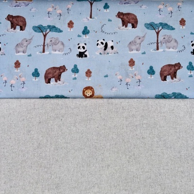 tecidos infantis estampados com animais e tecido liso cinza claro