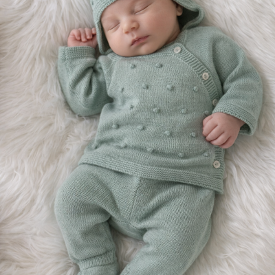 Bebé a dormir com conjunto de malha verde água com casaco, calças e gorro sobre tapete branco felpudo