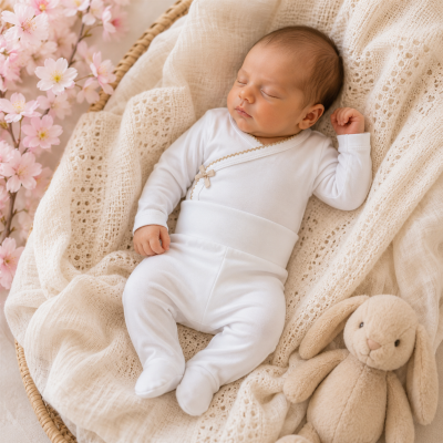 Bebé a dormir vestido de pijama branco numa cesta com manta bege e coelho de peluche