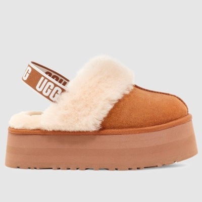 Sapatilha mule castanha com sola plataforma e pêlo branco