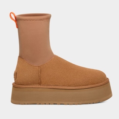 Bota feminina bege com sola espessa castanha e puxador laranja