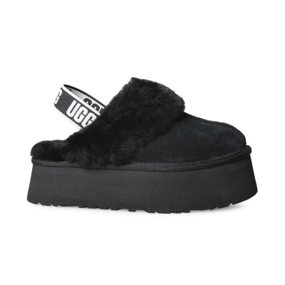Chinelo mule preto com tecido peludo e fita elástica com texto UGG