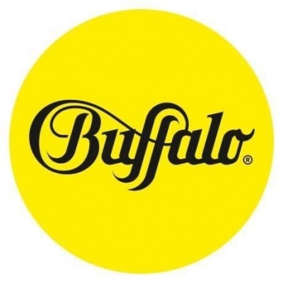 Logótipo Buffalo preto sobre fundo amarelo circular