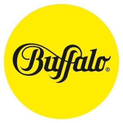 Logótipo Buffalo preto sobre fundo amarelo circular
