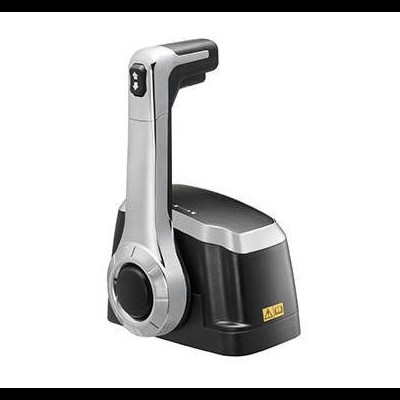 Aparelho preto e cinza com alavanca ergonômica vertical e base preta com adesivo amarelo