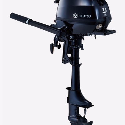Motor de popa Tohatsu 3.5 preto com hélice e manípulo