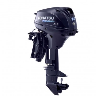 Motor de popa Tohatsu 15 cavalos preto FourStroke sobre fundo branco