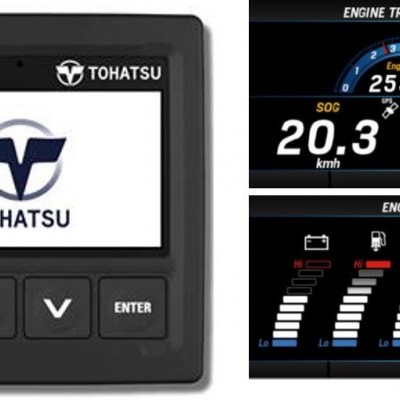 Mostrador digital Tohatsu com ecrã e botões, ecrãs de dados do motor