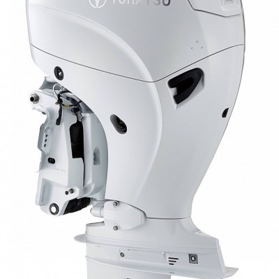 Motor de popa Tohatsu branco com hélice metálica