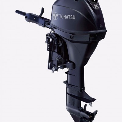 Motor de popa Tohatsu 25 preto com controlo e hélice