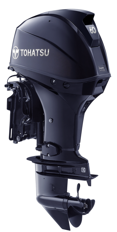 Motor de popa Tohatsu preto com texto e número 60