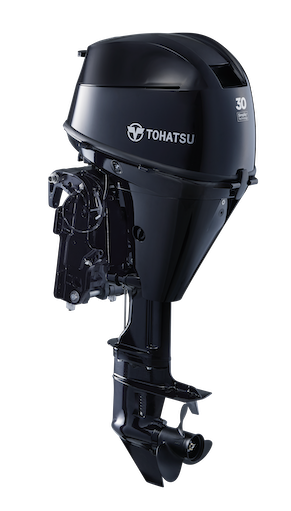 Motor de popa Tohatsu preto com texto branco e hélice inferior