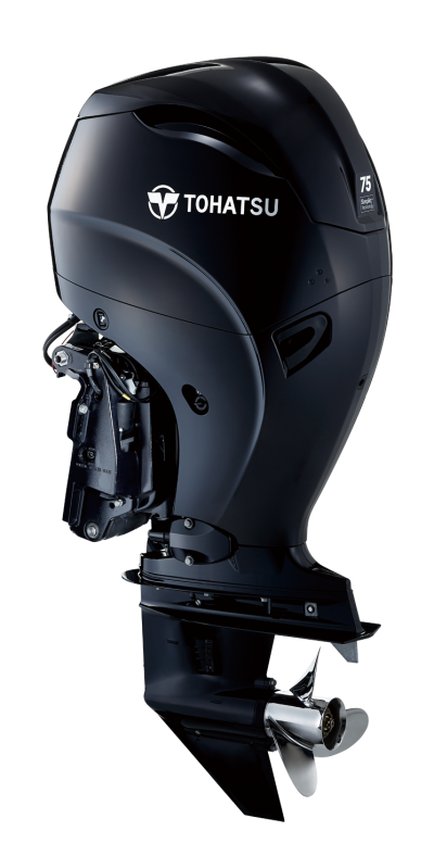 Motor de popa preto Tohatsu 75 com etiqueta