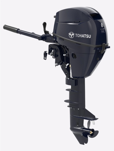 Motor de popa Tohatsu azul escuro com alavanca de manobra preta
