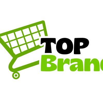 Carrinho de compras verde e texto TOP Brands em fundo preto