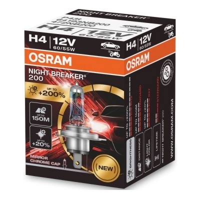 Caixa da lâmpada OSRAM NIGHT BREAKER H4 12V 60/55W com design preto, laranja e branco