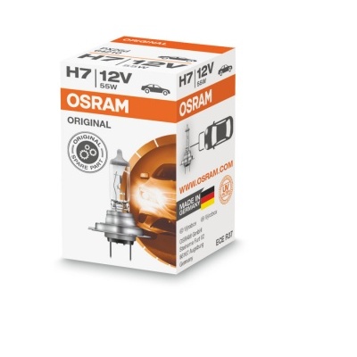 Embalagem branca e laranja de lâmpada automóvel OSRAM H7 12V 55W com textos e ícones