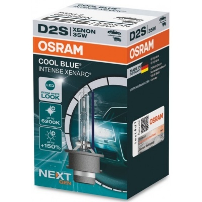 Caixa de lâmpada de xenon OSRAM D2S 35W COOL BLUE INTENSE XENARC azul, laranja e branca com imagem da lâmpada e farol de carro
