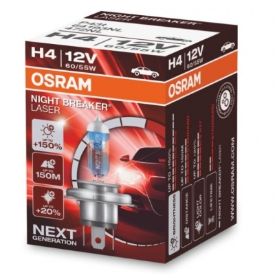 Embalagem de lâmpada automóvel OSRAM NIGHT BREAKER LASER H4 12V 60/55W em vermelho, preto e branco