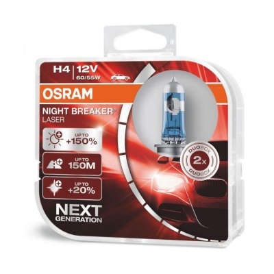 Pack de duas lâmpadas OSRAM Night Breaker Laser H4 12V 60/55W em embalagem plástica vermelha e branca