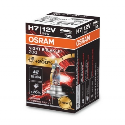 Caixa da lâmpada OSRAM NIGHT BREAKER 200 H7 12V 55W com detalhes e texto promocionais.