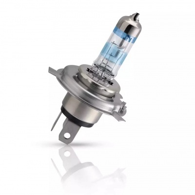 Lâmpada halógena para farol automóvel com base metálica prateada e bulbo transparente