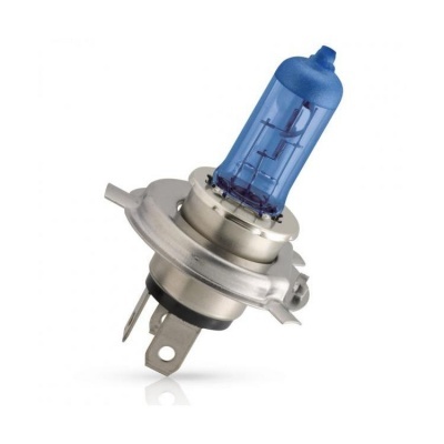 Lâmpada halogénea automóvel com base metálica cinzenta e vidro azul