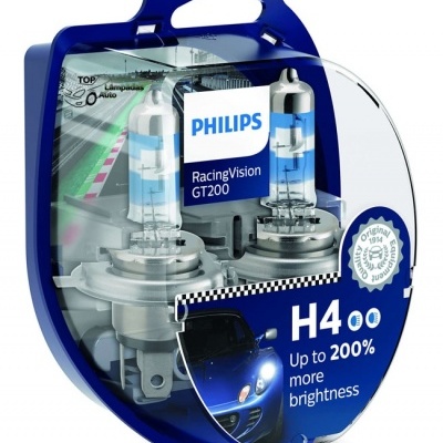 Conjunto lâmpadas automotivas Philips RacingVision GT200 H4 com embalagem azul.