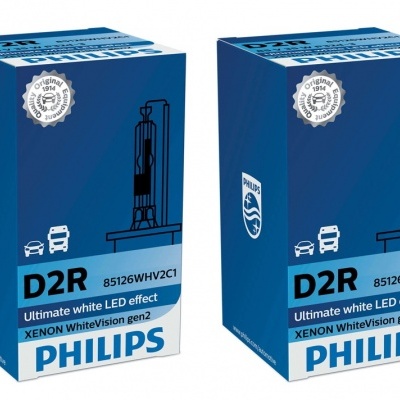 Caixas azuis de lâmpadas Philips D2R com texto e ícones de veículos