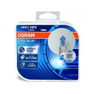 Embalagem de lâmpada Osram H1 Cool Blue Boost azul e branca com texto informativo