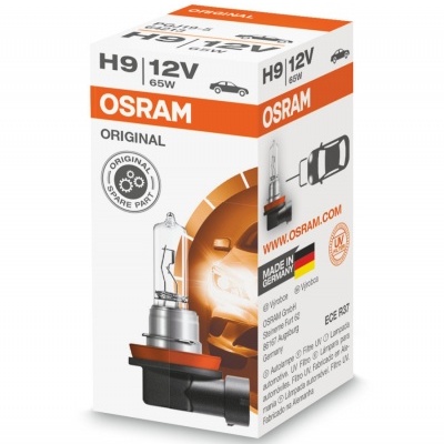 Embalagem lâmpada automóvel OSRAM H9 12V 65W com design branco e laranja