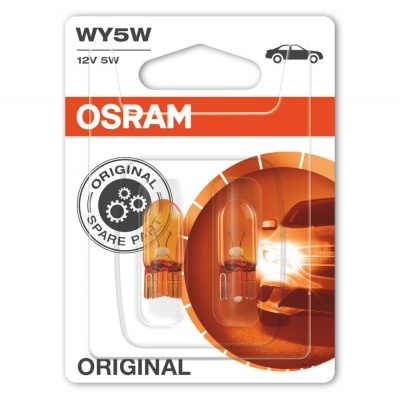 Embalagem de lâmpadas OSRAM WY5W 12V 5W para carro com duas unidades e imagem de carro no fundo