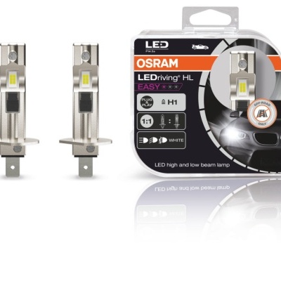 Lâmpadas LED OSRAM LEDriving HL EASY tipo H1 com embalagem e gráfico de farol e roda