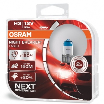 Pacote de lâmpadas Osram Night Breaker Laser H3 12V 55W, embalagem vermelha e branca com duas lâmpadas visíveis