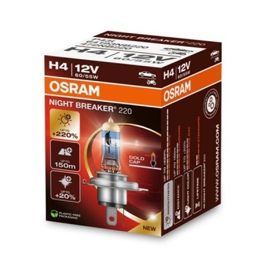 Embalagem da lâmpada automóvel OSRAM NIGHT BREAKER 220 H4 12V 60/55W com imagem da lâmpada e texto promocional