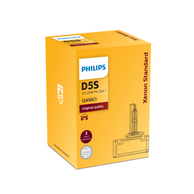 Caixa amarela de lâmpada PHILIPS D5S Xenon Standard com texto e selo de garantia
