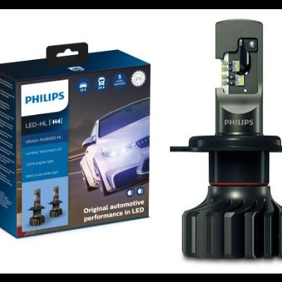 Lâmpada automóvel LED Philips com caixa azul e preta mostrando um carro branco