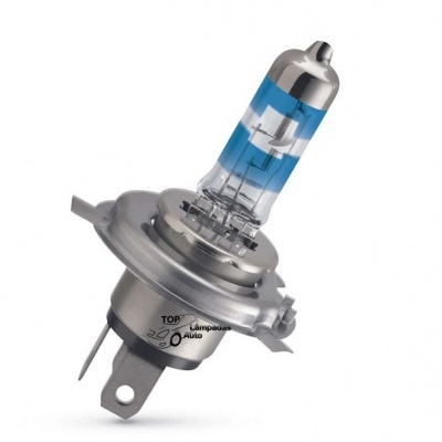 Lâmpada halógena para automóvel com vidro azul e base metálica prateada