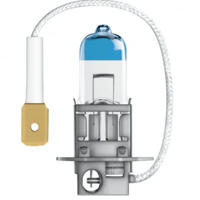 Lâmpada halogénea com corpo de vidro transparente, base metálica e fio branco.