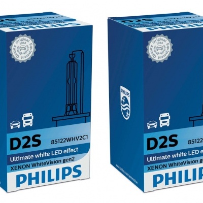 Duas caixas azuis do produto Philips D2S Ultimate white LED effect Xenon WhiteVision gen2
