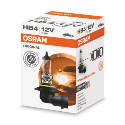 Caixa de lâmpada automóvel OSRAM HB4 12V 51W com imagem da lâmpada e carro laranja