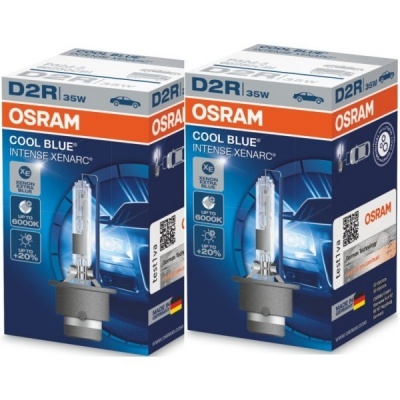 Caixas azuis de lâmpadas Osram D2R 35W Cool Blue Intense Xenarc com texto técnico e QR codes