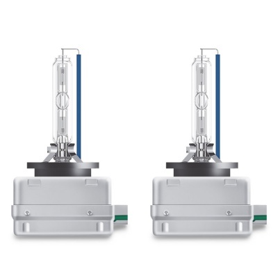 Duas lâmpadas de farol de xénon prateadas com vidro transparente