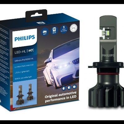 Caixa azul da lâmpada LED automóvel Philips LED-HL H7 com lâmpada preta ao lado