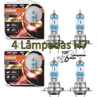 Quatro lâmpadas H7 OSRAM Night Breaker 200 com embalagem preta e laranja