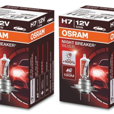 Embalagens de lâmpadas automóveis OSRAM H7 12V 55W NIGHT BREAKER SILVER vermelhas e pretas com imagens das lâmpadas e textos técnicos