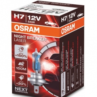 Embalagem de lâmpada automóvel OSRAM Night Breaker Laser H7 12V 55W com design preto, vermelho e branco.