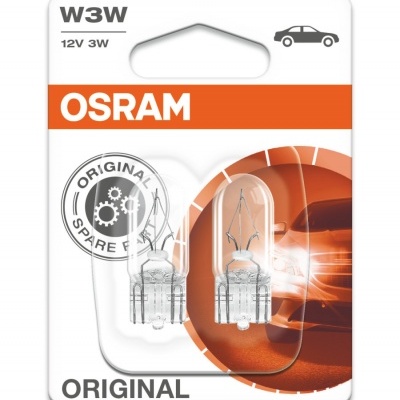 Embalagem de lâmpadas automotivas OSRAM W3W 12V 3W com carro ao fundo