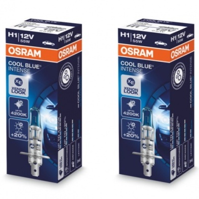 Embalagens de lâmpadas automotivas OSRAM H1 12V 55W COOL BLUE INTENSE azul e preta.
