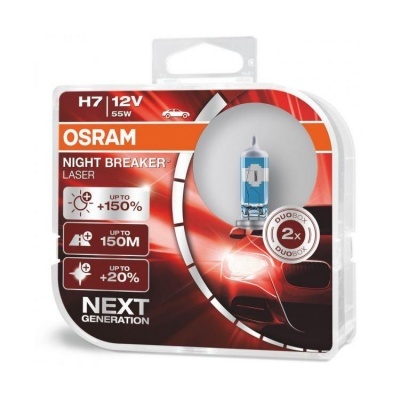Pack de lâmpadas OSRAM Night Breaker Laser H7 12V 55W com vidro azul na embalagem